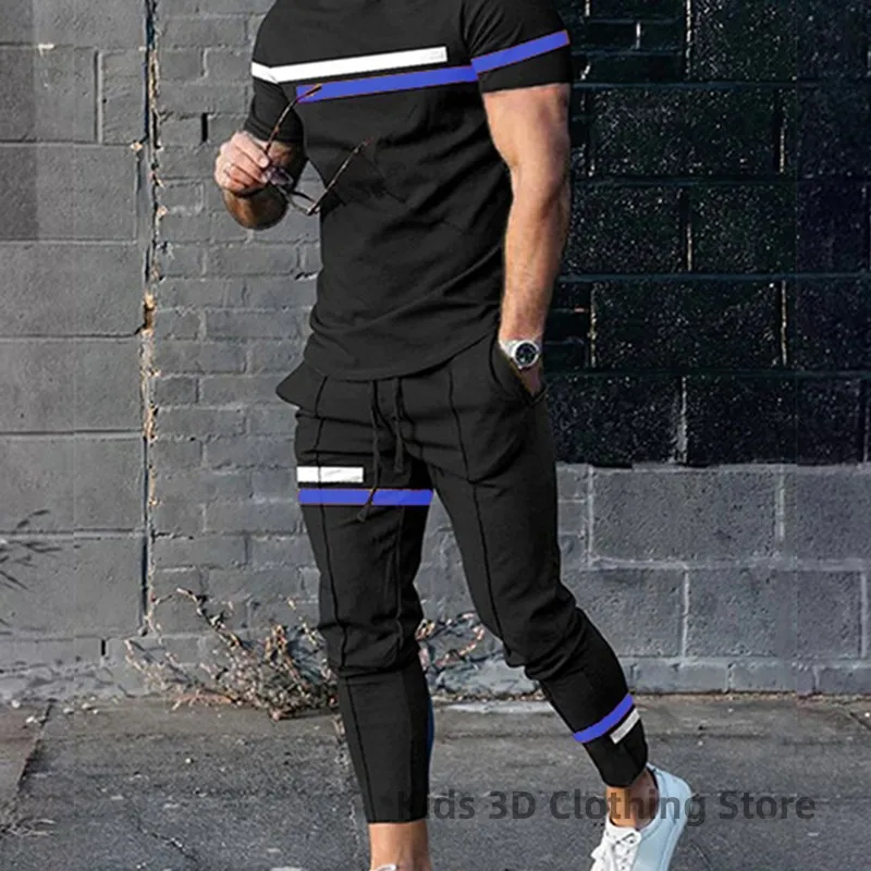 

Men's Tracksuit Stripe 3D Printed T Shirt+Trousers Set Summer Men's Suits Fashion Men's Sets 2 Pieces Sportswear Male Clothing