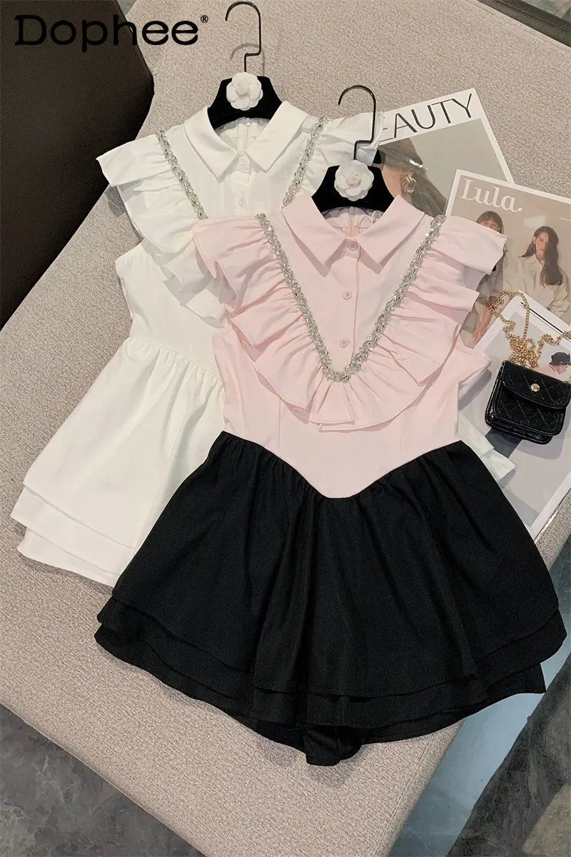 

2023 Spring Summer New Sweet Fashion Preppy Style Short-Sleeve Shirt Dress Heavy Sewing Diamond Waist-Slimming Midi Dress Women