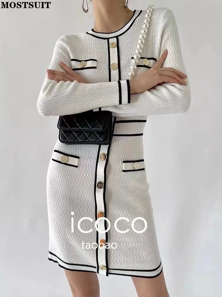 

Korean Chic Elegant Knitted Pencil Dress Women Long Sleeve O-neck Single-breasted Vintage Fashion Ladies Slim Mini Vestidos 2022