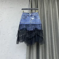 blue mid length denim skirt 2022 new korean style womens stretch slim mesh stitching skirt girls students sexy summer skirts