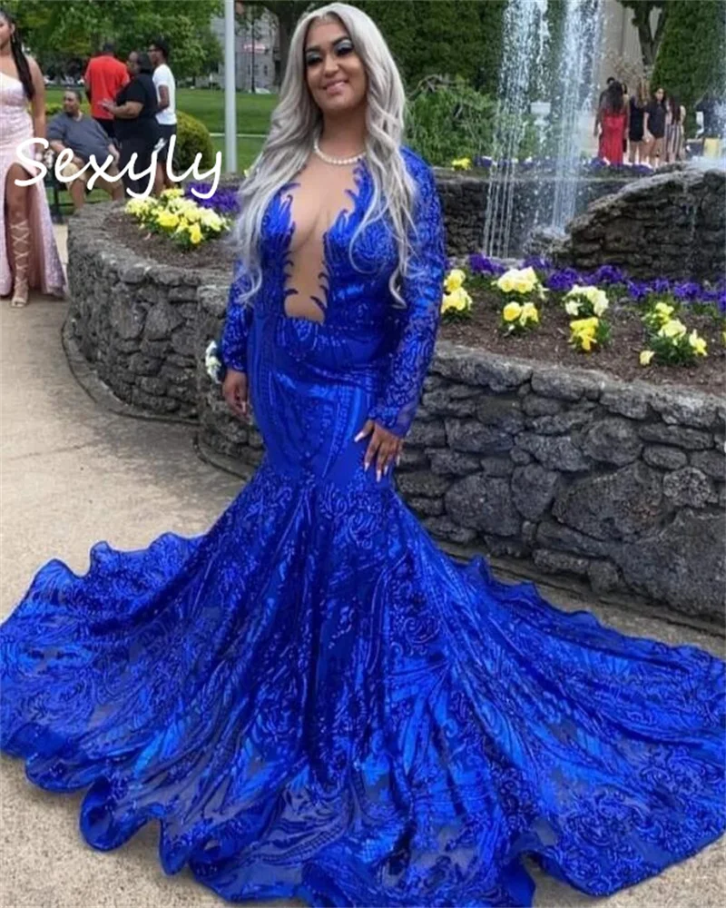 

Luxury Sequin Royal Blue Prom Dress For Black Girl Long Seeve Evening Gown Extra Custom Size Korean Formal Birthday Occasion