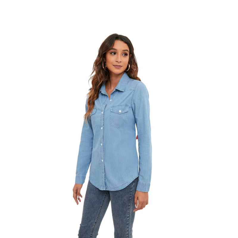 

Spring and Autumn Long Sleeves Casual Denim Shirt Women Fashion Slim Cotton Ladies Shirt Printed Jeans tops Blouse Feminina
