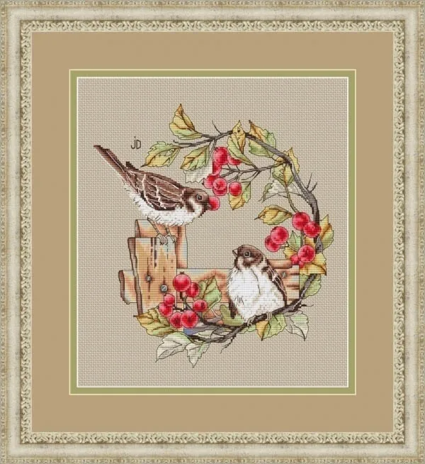 Набор для вышивки крестиком 14 карат 18 25 из ниток DMC 17 птиц и боярышник на заборе 34-36