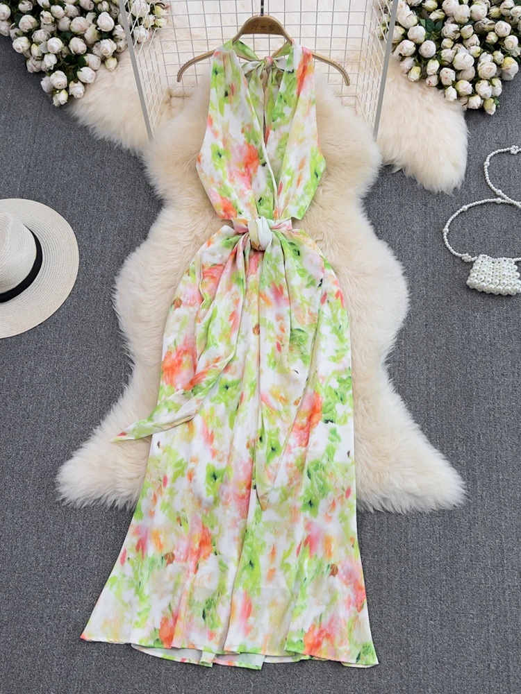 

FTLZZ Summer New Women Vintage Printed Backless Sleeveless High Waist Slim A-Line Dress Fashion Casual Elegant Holiday Dresses