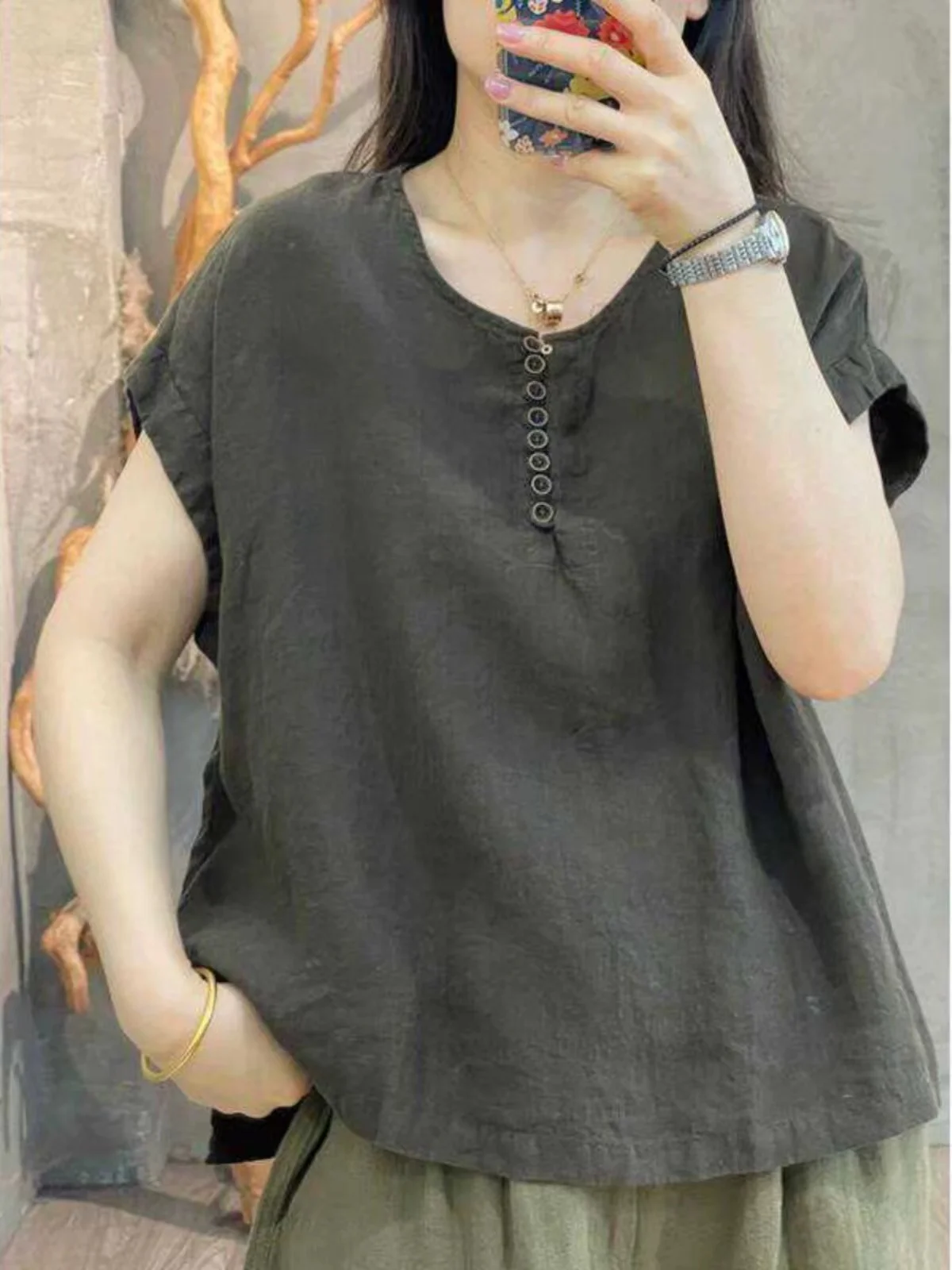 round Neck Short sleeve Cotton and Linen Loose Belly Covering Casual T-shirt Women 2024 Summer New Retro All-Matching Top |