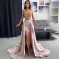 xijun high side split satin mermaid evening dresses with removeable train lace appliques beading pleat ruched party prom gown