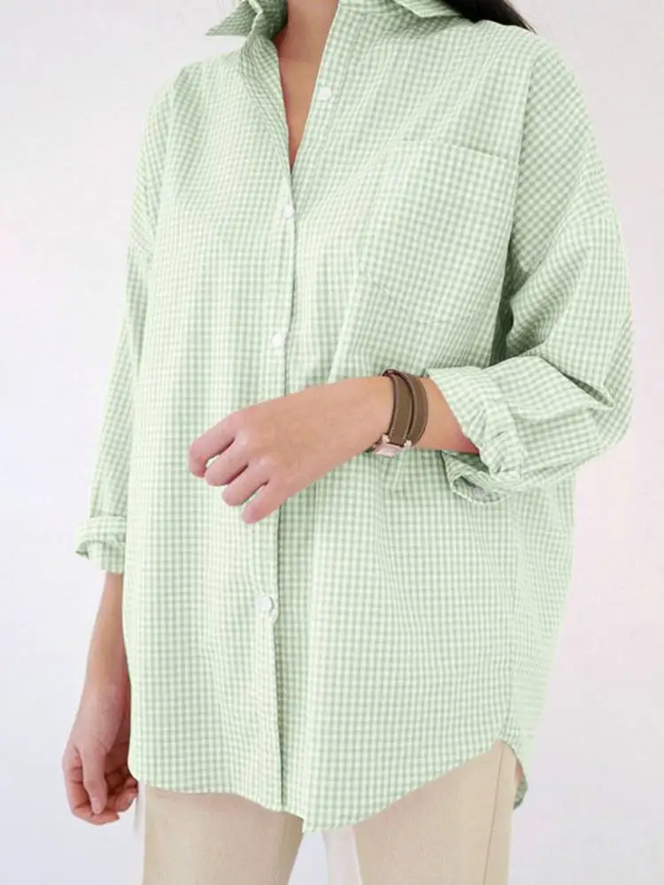 

ZANZEA Women Casual Grid Long Sleeve Blouse Elegant Checked Printed Shirt 2022 Spring Plaid High Low Chemise Office Tunic Tops