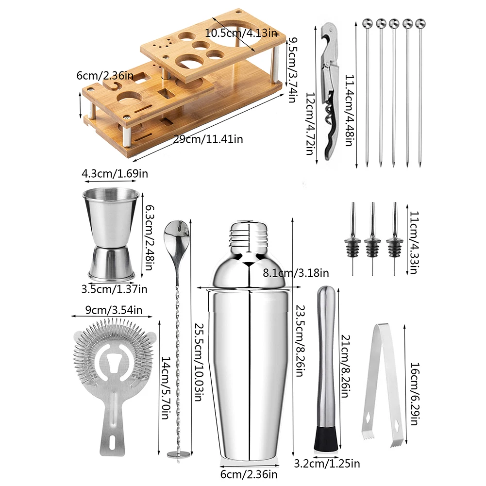 

16Pcs Cocktail Shaker Set Stainless Steel Bartender Kit Drink Mixer Set with Shaker Jigger Skimmer Spoon Fruit Picker Wood Stand