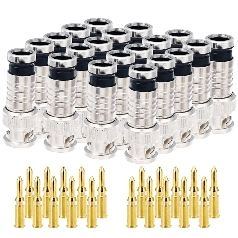 

20 Pcs BNC Compression Connector 75 Ohm Coupler With Copper Pin For RG58-59 Crimper Video Plug Extension Coaxial Cable