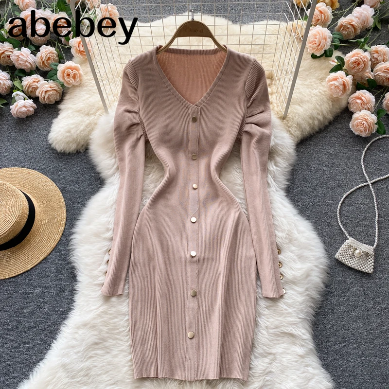 

Women Korean Knitted Dress Long Sleeve V Neck Elastic Slim Pencil Dresses Autumn Winter Warm Bodycon Sweater Dress
