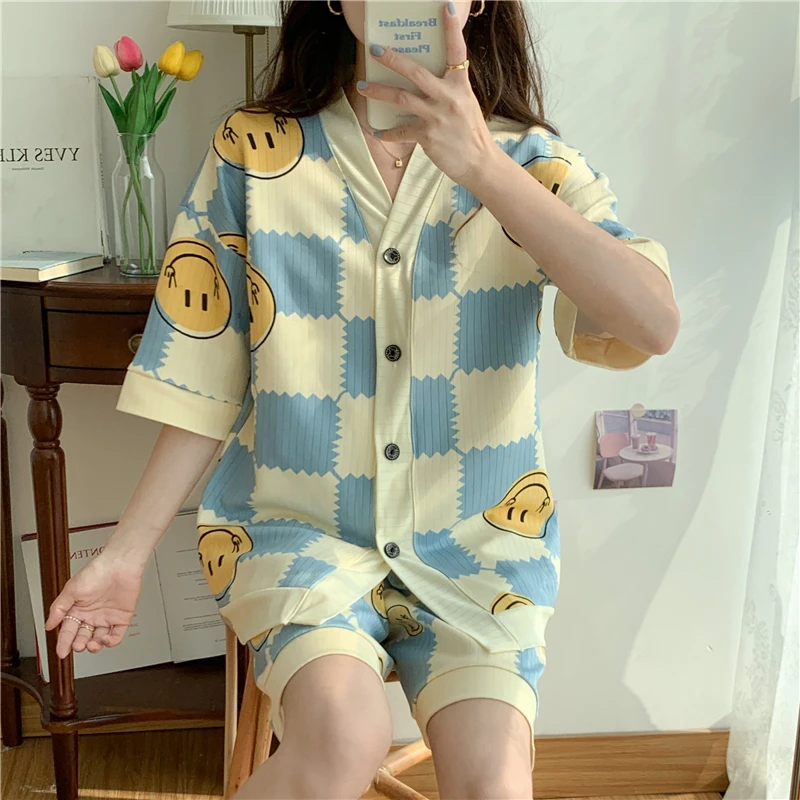 

Summer thin female pajamas plus fat plus 300 catties can wear sweet loose home clothes short sleeve shorts set