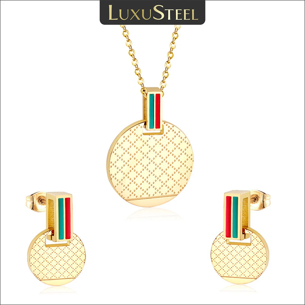 LUXUSTEEL Round Pendant Necklce Earrings For Women Men Gold Color Stainless Steel Red Green Striped Rhombus Pattern Jewelry Set