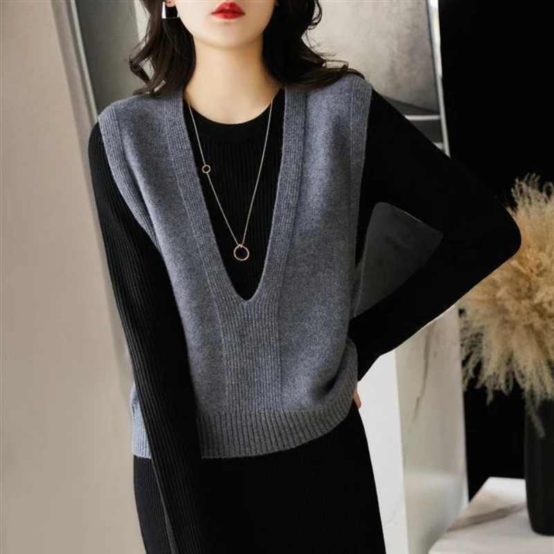 

Sweater Vests Womens Loose Fashion Solid Autumn Simple Tender Korean Style Elegant Basic Vintage All-match Casual V-neck Female