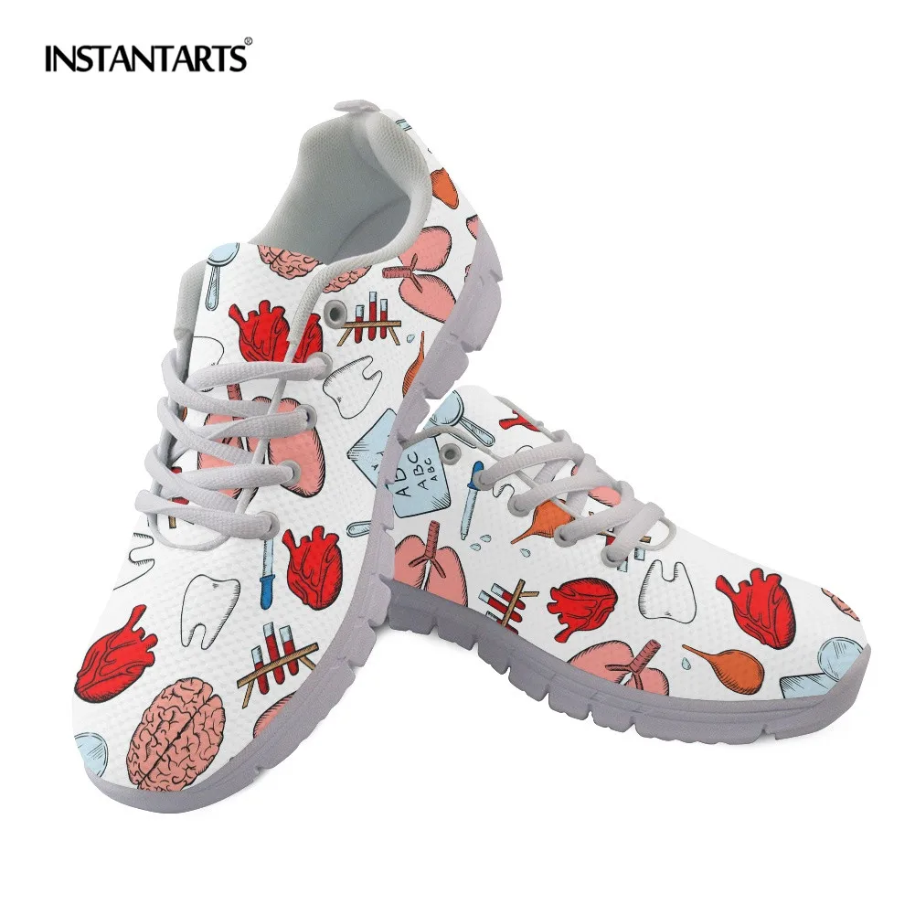 

INSTANTARTS Cartoon Medical Organs Pattern Doctor Nurse Shoes for Women Female Running Sneakers Light Mesh Spring Flat Sneaker