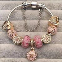 pandora 925 original bracelet fashion pink flower glass beads diy beaded bracelet jewelry women gift gold plate bracelet jewelry