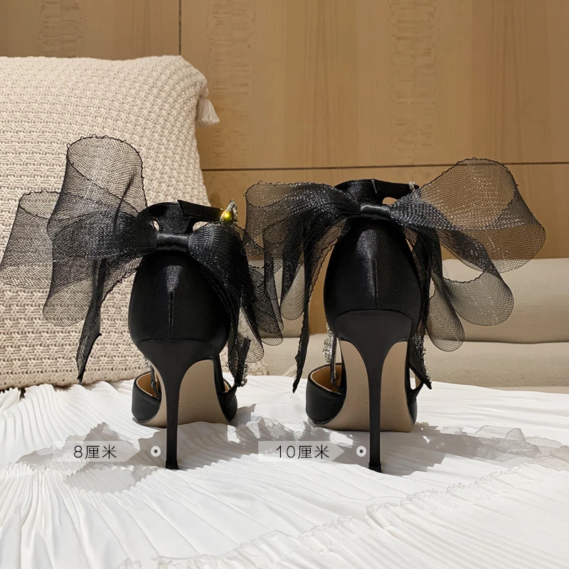 Стразы туфли с бантом женские на шпильках острым носком темпераментные