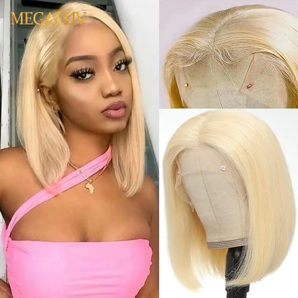 

613 Short Bob Wig Straight Human Hair Wigs MEGALUV Hair Wig Preplucked With Natural Hairline T part Lace Wig Blonde Bob Wigs