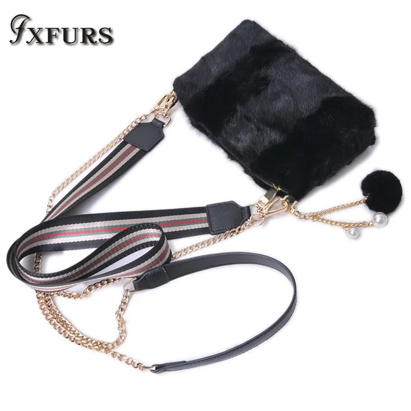Chain High quality Women Black Singer Shoulder New Girls Genuine Luxury Balls 100% Real Handbags Bag Mink Fur