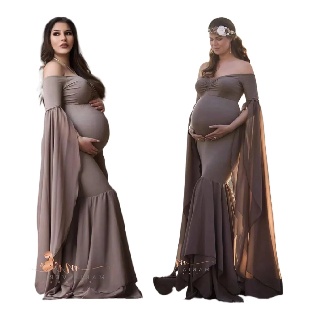 Tiktok-vestido de maternidad con hombros descubiertos para mujer embarazada, ropa de medio círculo, accesorios para fotos de Baby Shower, ropa elástica elegante