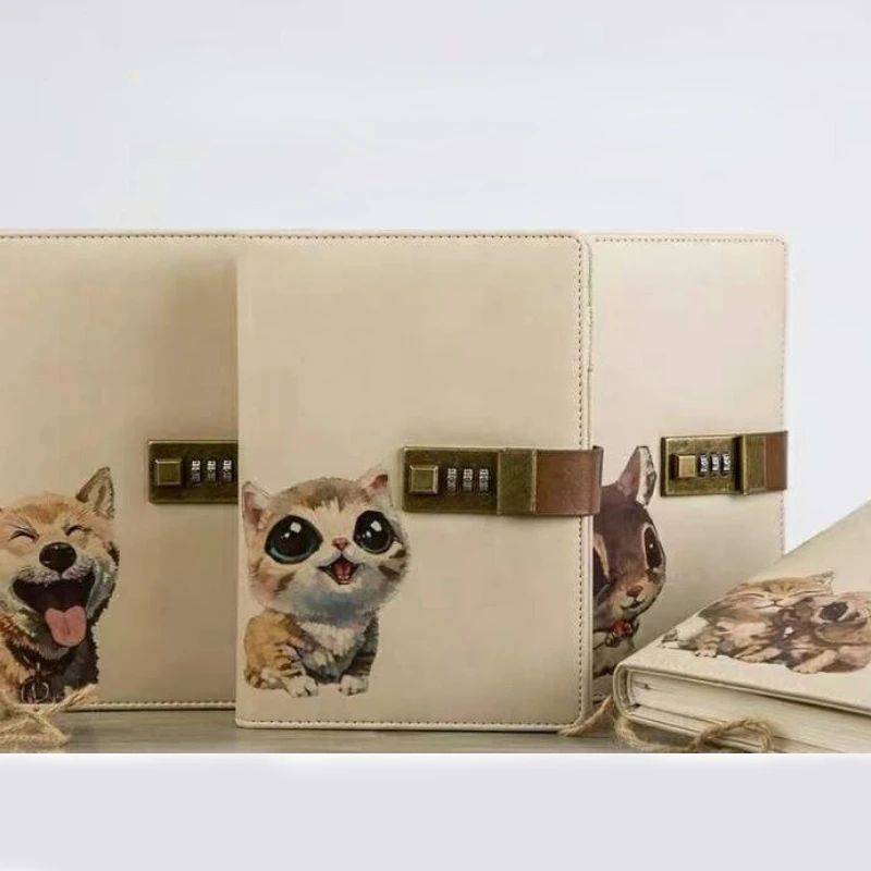A5 Password Notebook Cat Pattern Cute Thing with Lock Hand Book Diary PU Leather Notepad School Student Supplies Gift