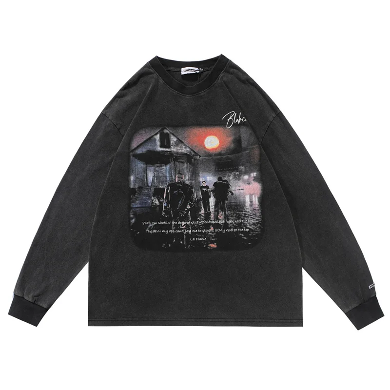 

Hip Hop Streetwear Gothic T-shirts Letter Movie Printed Harajuku Graphic T Shirts 2022 Vintage Washed Oversized Long Sleeve Tops