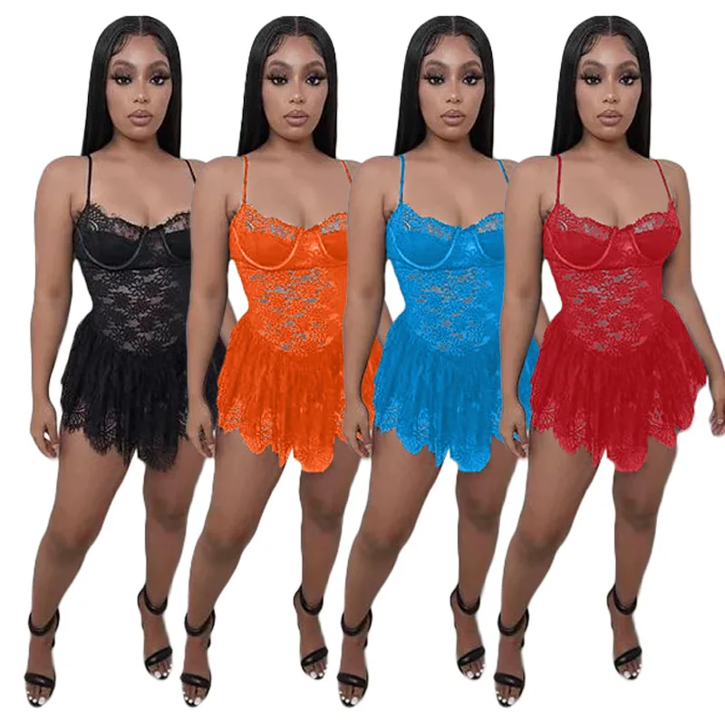 

Adogirl Women Strap Lace See Through Mini Dress 2022 Solid Backless Sleeveless Lace Up Summer Evening Party Clubwear Outfits