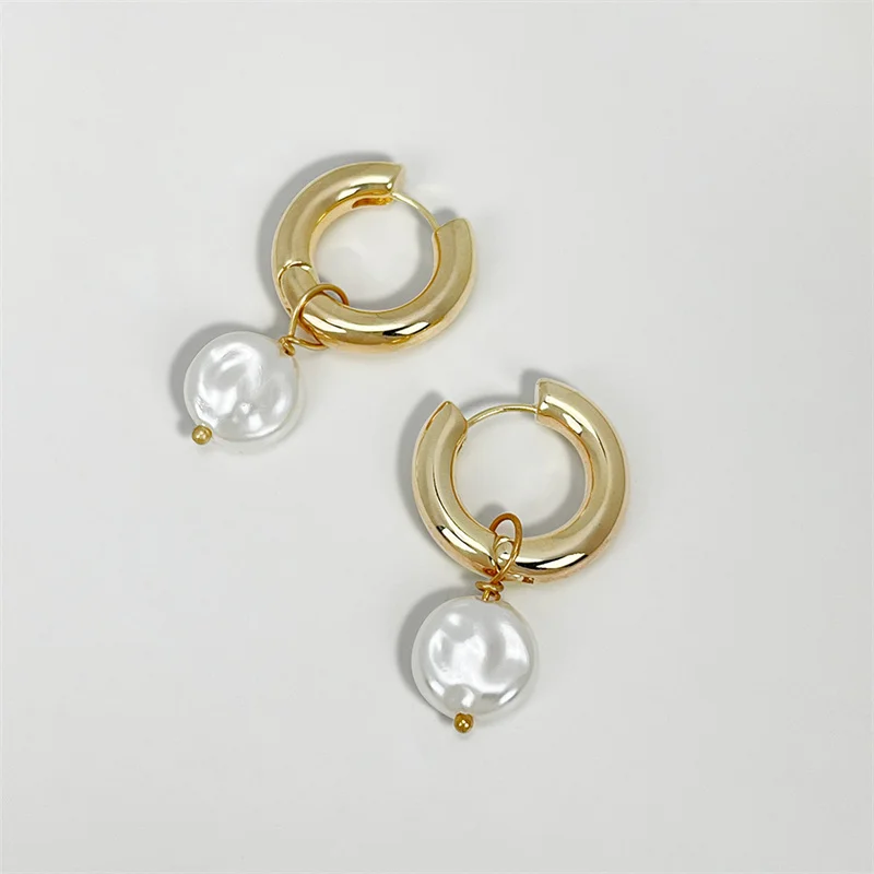 

Vintage Round Stainless Steel Hoop Earrings For Women Minimalist Baroque Imitation Pearl Drop Earrings Party Jewelry 85