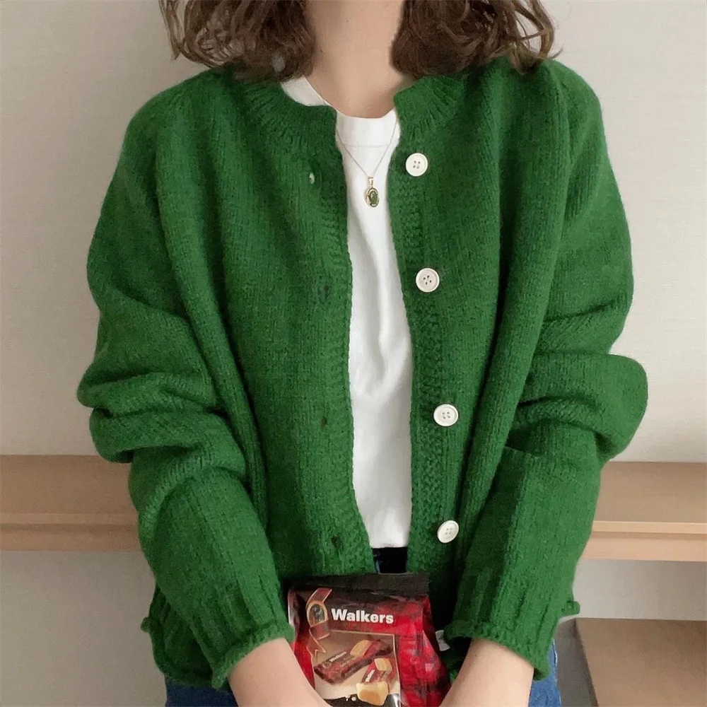 

Fashion Women Loose Knits Sweater Solid Color Long Sleeve Round Neck Single-breasted Patchwork Winter Fall Lady Cardigan Sweater