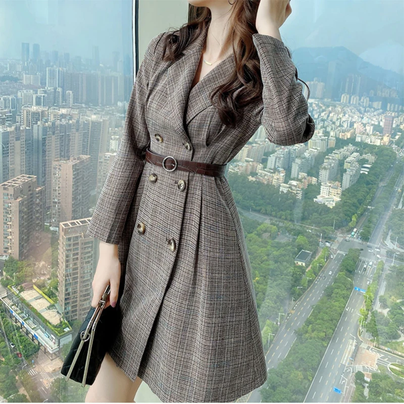 

Женский двубортный блейзер с поясом, винтажный клетчатый пиджак с длинным рукавом, Офисная верхняя одежда, осень
