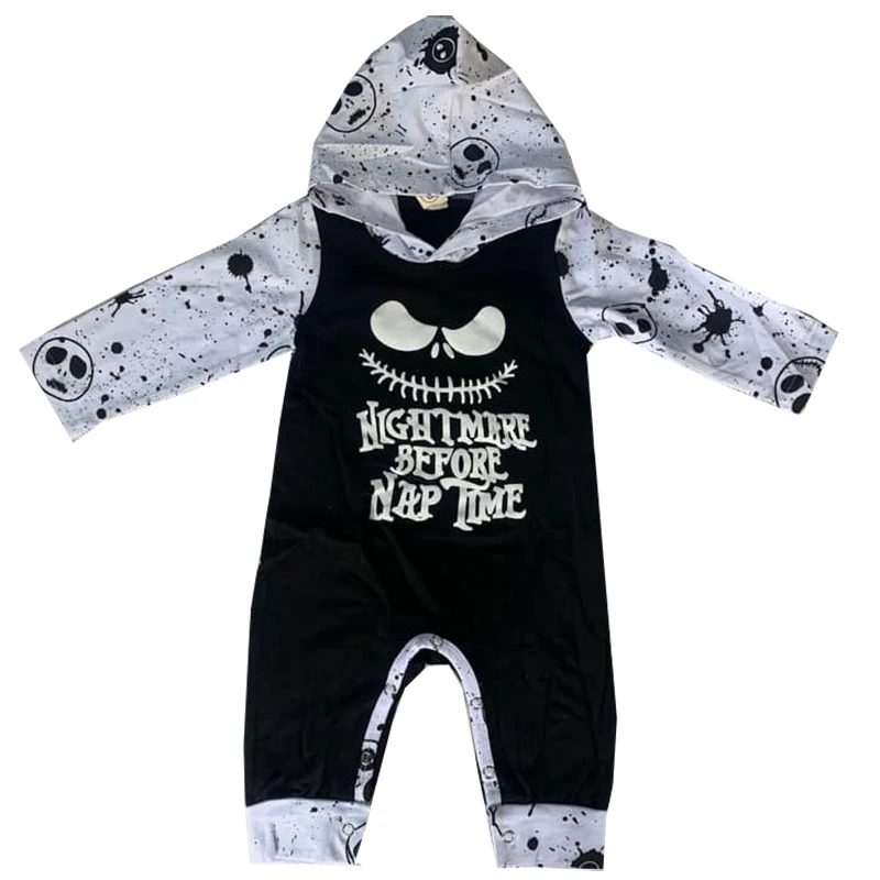

New Halloween Black Long Sleeves Nightmare Boy Hoodie Romper Boutique Cartoon Ghost Baby Jumpsuit