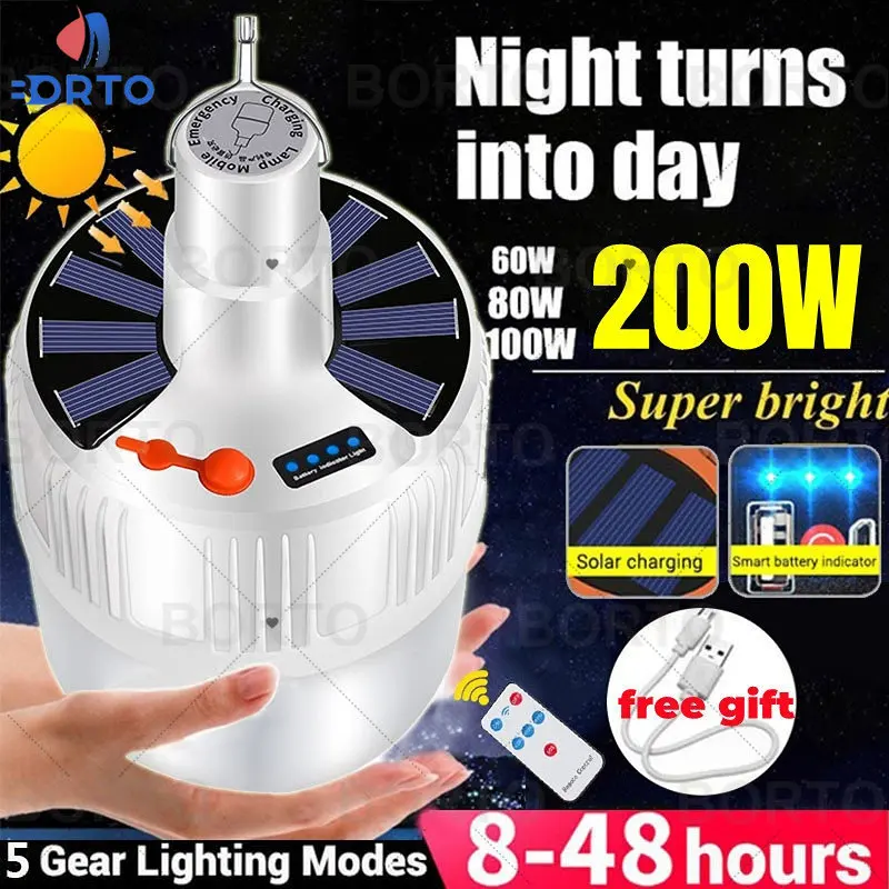 Solar LED Bulb Rechargeable Lantern Portable Camping Tent Light Outdoor Lights With Remote Control Power Outage Emergency Lamp
