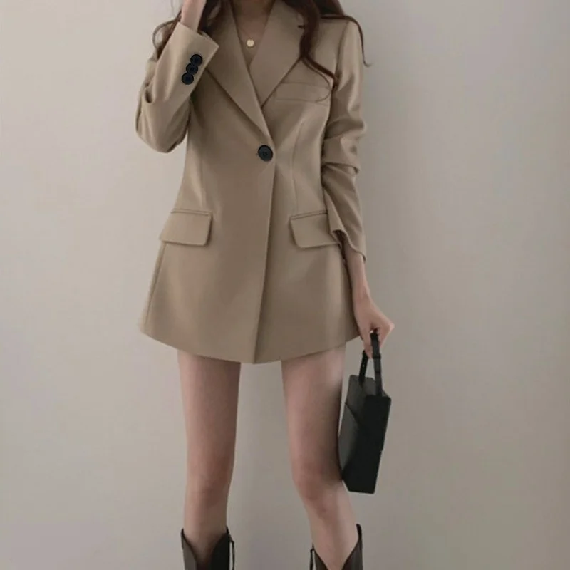 Women Solid Colors Khaki Black Mid Length Chic Blazers Single Button Oversize Suits 2021 Spring Autumn New Work Casual Blazer