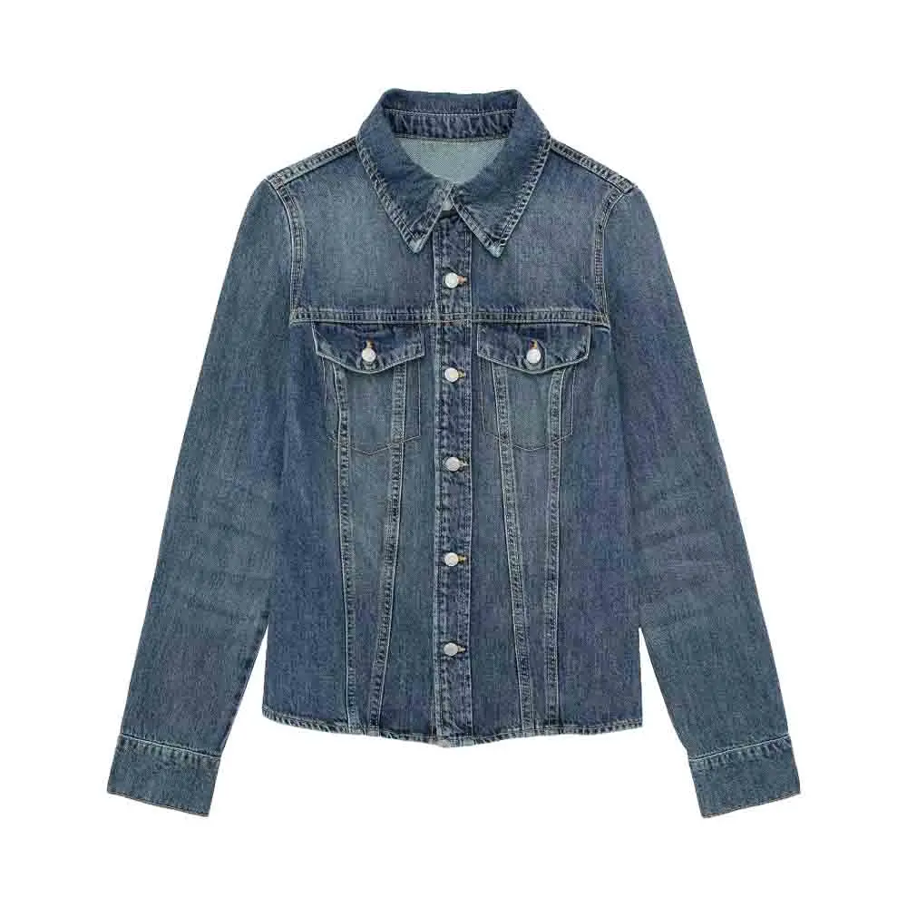 

Куртка женская джинсовая в стиле ретро, с длинным рукавом и лацканами