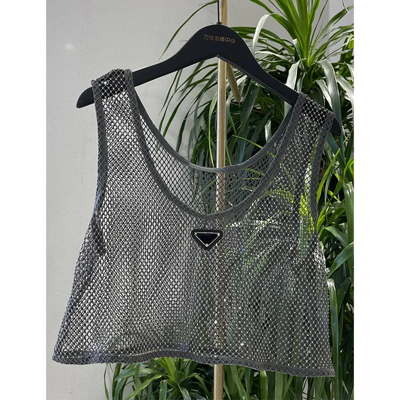 2022 New Women's Sexy Bringbring Rhinestone Vest Top Diamond Metal Tank Tops Sleeveless Casual Short Black Mesh Crop Not Prada