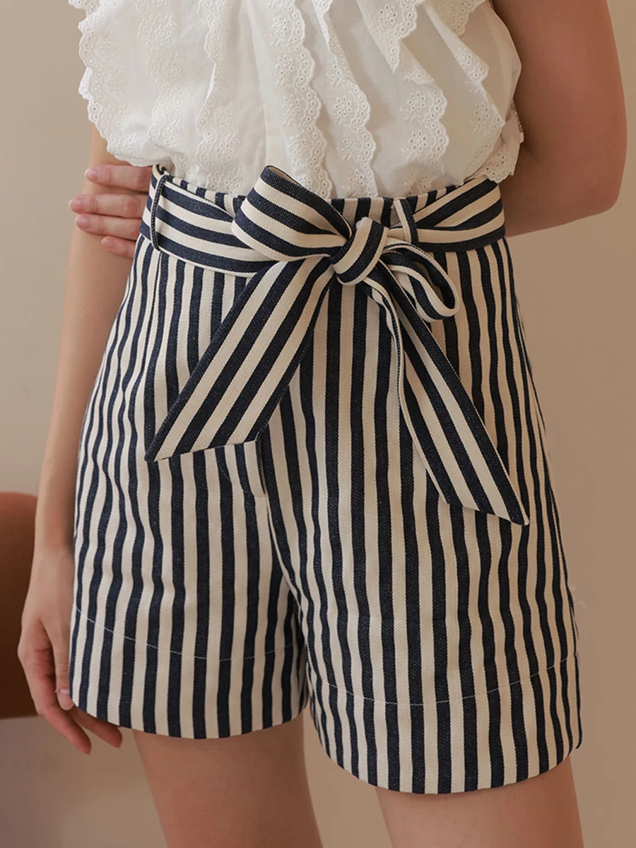 

Женские прямые хлопковые брюки в полоску, на шнуровке, с завышенной талией, лето 2023, Женские винтажные повседневные Простые Классические Элегантные брюки