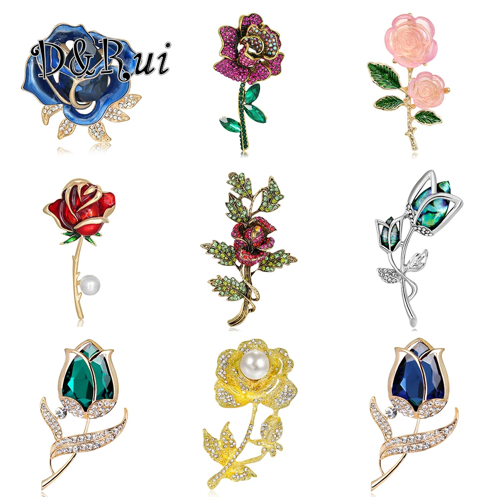 

D&Rui Romantic Style Rose Brooches Fashion Blue Flower Women Lapel Pins Luxury Pearl Rhinestone Brooch Popular Jewelry Accessory