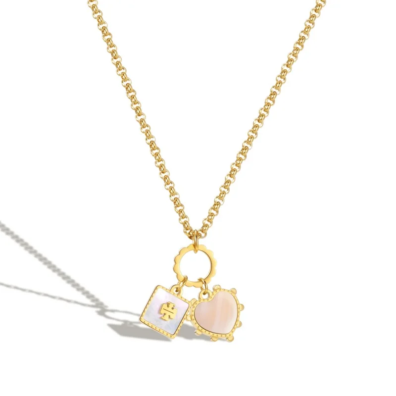 Western Fashion Dainty Luxury 18K Gold Plated Stainless Steel TB Shell Inlaid Heart and Square Pendant Necklace for Women