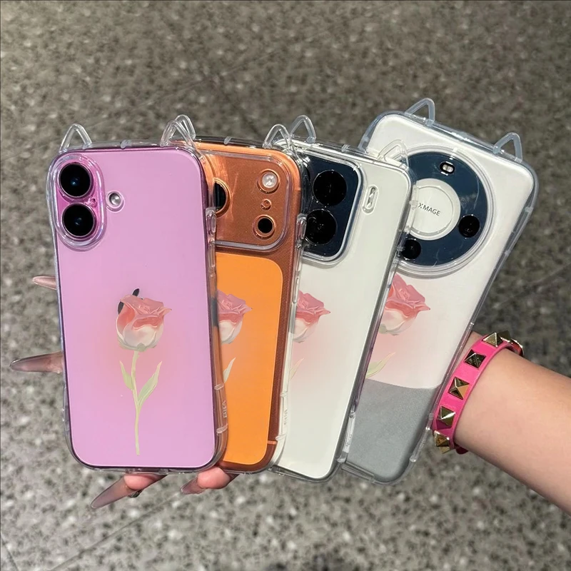 Фото Прозрачный 3D-чехол для телефона с кошачьими ушками для Xiaomi 17 PROMAX 14 15, противоударный мягкий чехол с розами для Redmi Note 15 Pro 14 13 Pro 5G №5