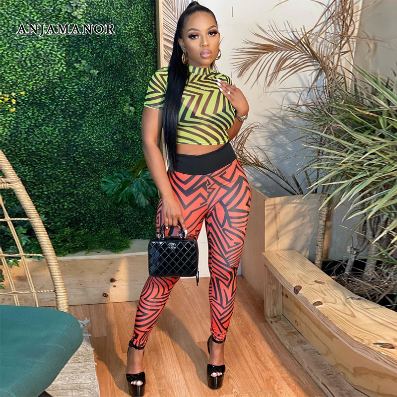 

ANJAMANOR Geometric Print Mesh Crop Top and Leggings 2 Piece Set for Women 2022 Autumn Sexy Club Outfits Pant Suit D44-CD29