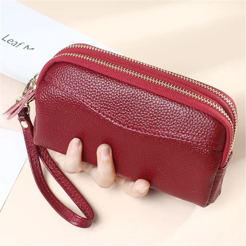 

Genuine Leather Women Wallets High Quality Female Double Zipper Clutch Purse Wristlet Money Purses Phone Bag With Wrist Strap