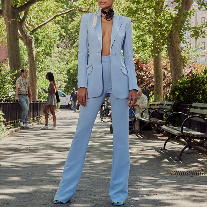 

2022 Spring New Fashion Office Women Notched Long Sleeve Pockets Button Blazer Zip Flare Pants Suits Sky Blue Two Piece Set