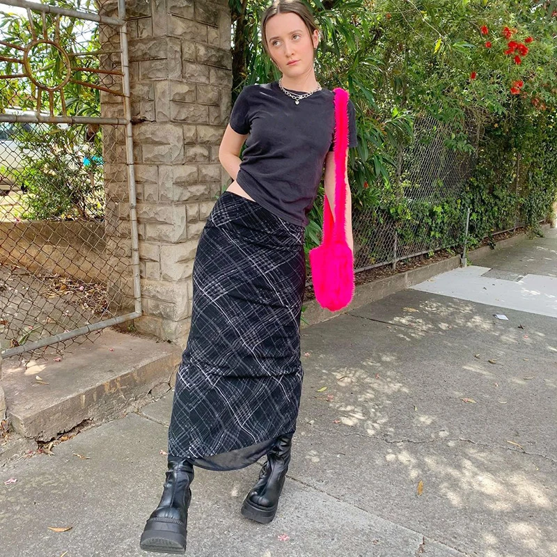 

Sunny y.j. Черная готическая юбка в клетку с принтом, Винтажная летняя пляжная прямая Длинная юбка с высокой талией, сетчатая готическая одежда ...