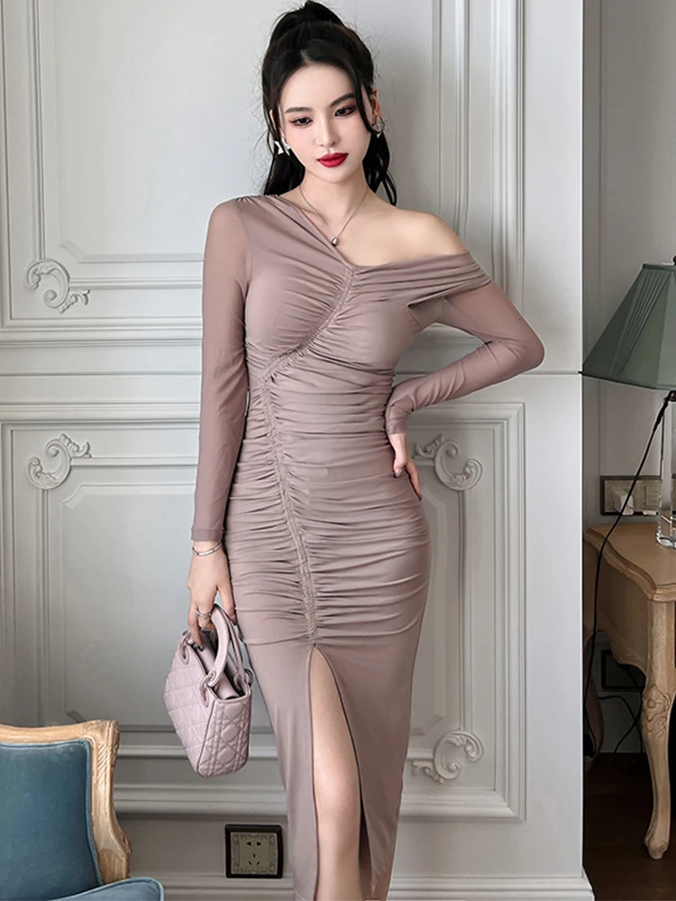 

Spring Autumn Fashion Women Evening Dress Chic Sexy Off-Shoulder Folds Bodycon Midi Party Prom Stretchy Mujer Robe Femme Vestido
