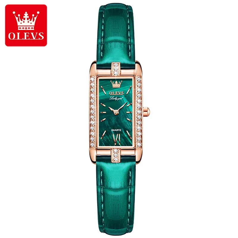 OLEVS 2023 New High Quality Classic Vintage Women Belt Quartz Square Green Quartz Watch Luxury Womens Watches Waterproof 6623
