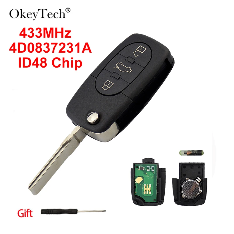 OkeyTech 3 Button 433Mhz 4D0837231A Transponder ID48Chip Remote Control Auto Car Key For Audi A3 A4 A6 A8 Old Model Folding Key