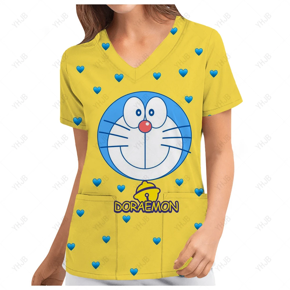 

Medical uniforms Women Short Sleeve V-neck scrub Doraemon Printing pocket Work Wear for dentist nurse scrubs christmas uniform