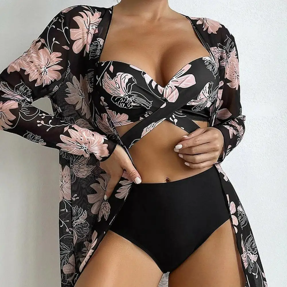 

3Pcs/Set Women Adjustable Straps Cross Bandage High Waist Bikini Cover Up Set Floral Print Bra Briefs Long Sleeve Cardigan Set