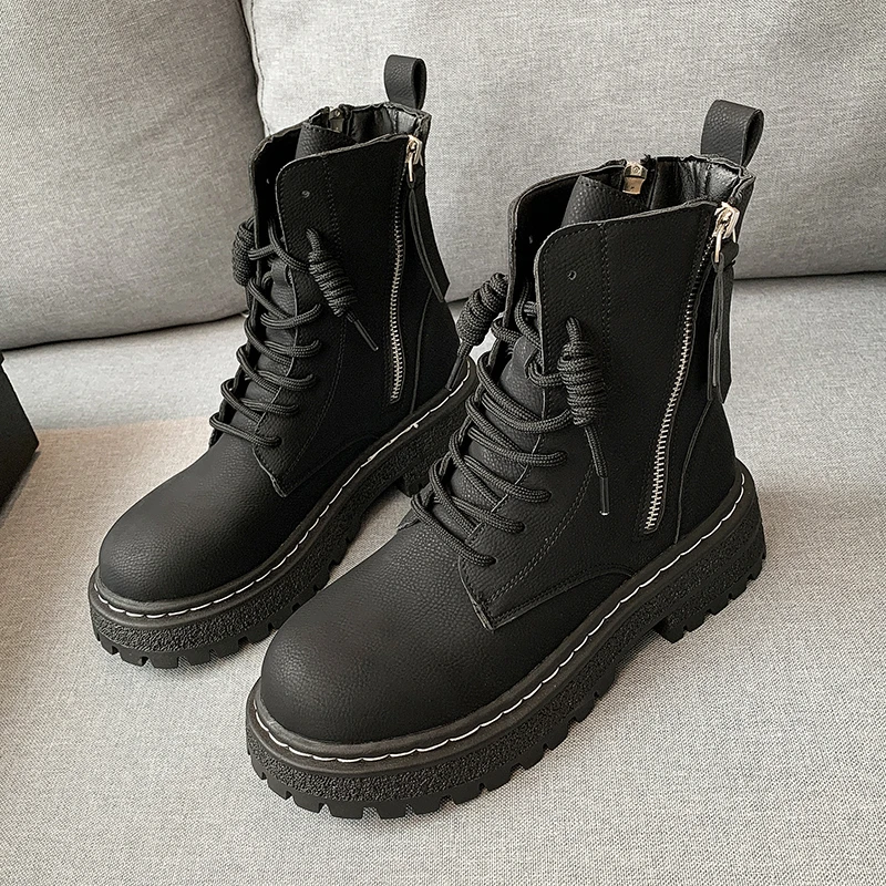 Ankle Boots for Women's Ladies Fashion Lace Up Martin Boots 2022 Winter New Women Pu Leather Platform Short Boots Botines Mujer