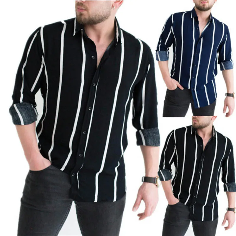 Men's Striped Print Lapel Business Casual Shirt