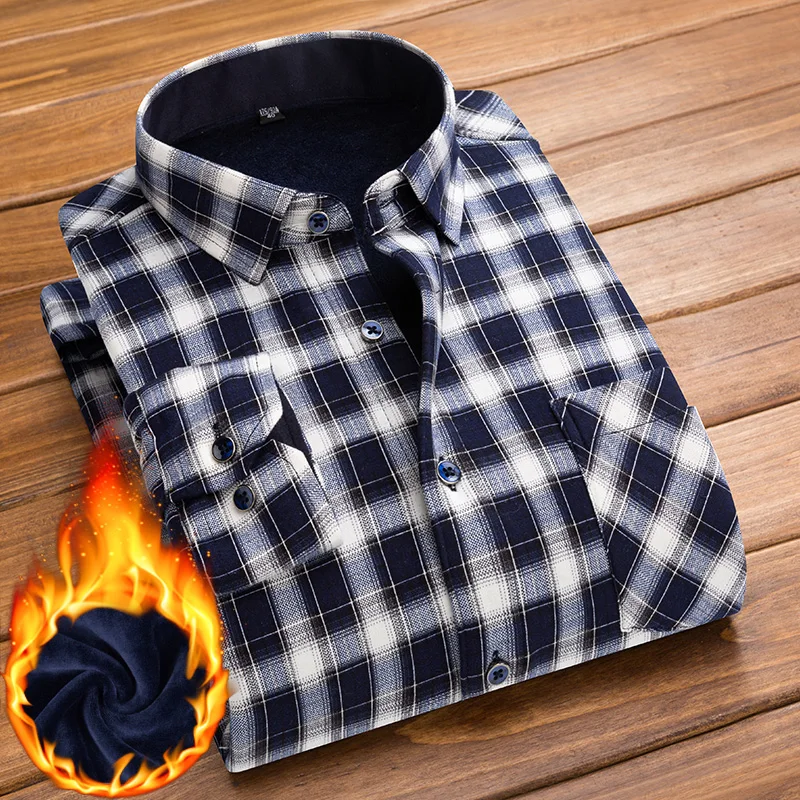 2023 Winter Mens Plus Velvet Thick Warm Shirt Business Classic Fashion All-Match Casual Check Shirt High-Quality Male Clothing